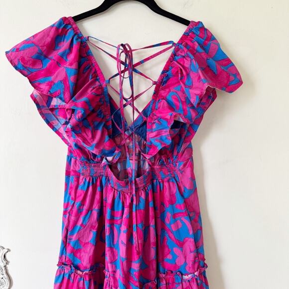 Sugarlips Pink and Blue Floral Yeraldi Berry Fiora Ruffle Open Back Midi Dress S - Picture 8 of 11